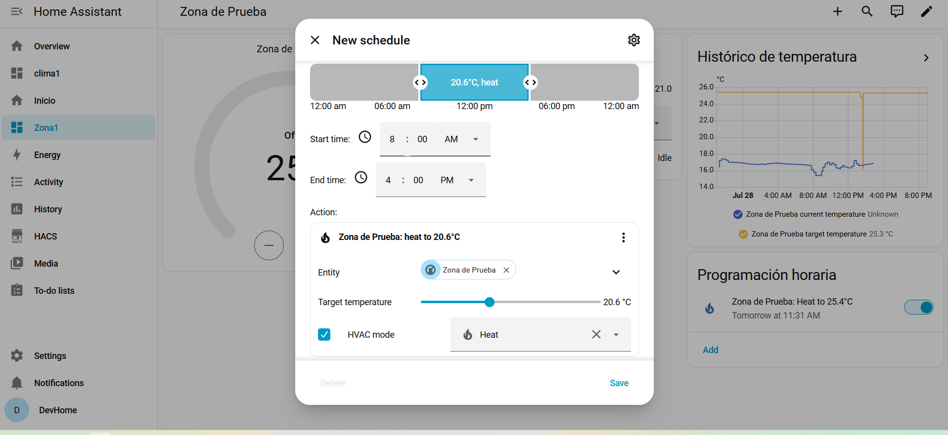 Creación de un horario de temperatura desde el dashboard, con vista del histórico de la zona